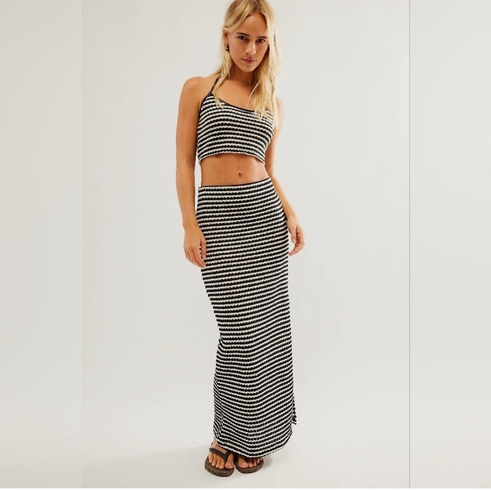 Free People Helin Pull On Knit Skirt Striped Beach Resortwear Boho L